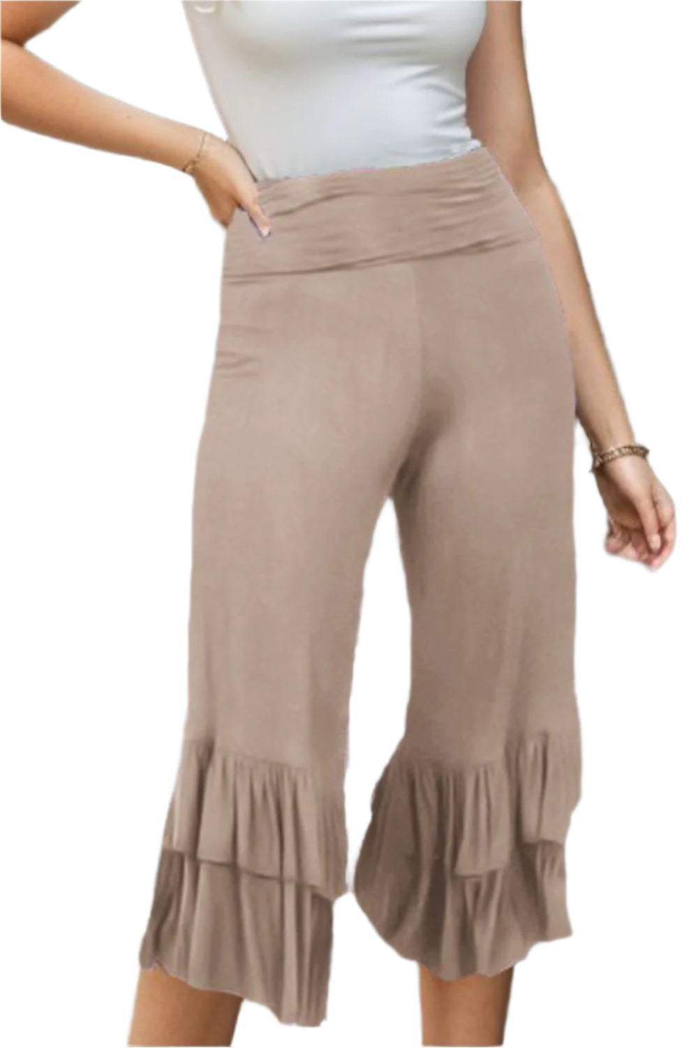 TEEK - Oatmeal Heimish Ruffled High Waist Wide Leg Pants PANTS TEEK Trend