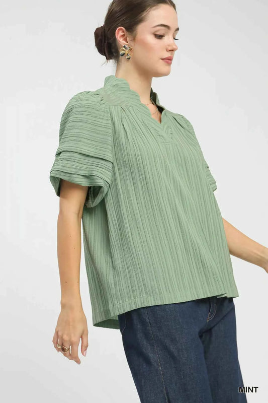 TEEK - Seersucker Bubble Sleeve V-Neck Blouse TOPS TEEK Trend