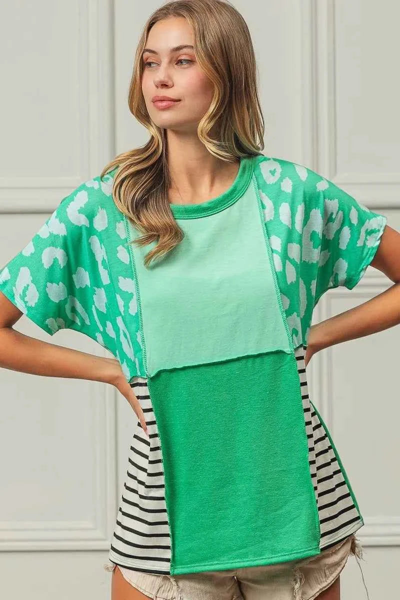 TEEK - Leopard and Stripe Color Block Top With Exposed Seam TOPS TEEK Trend