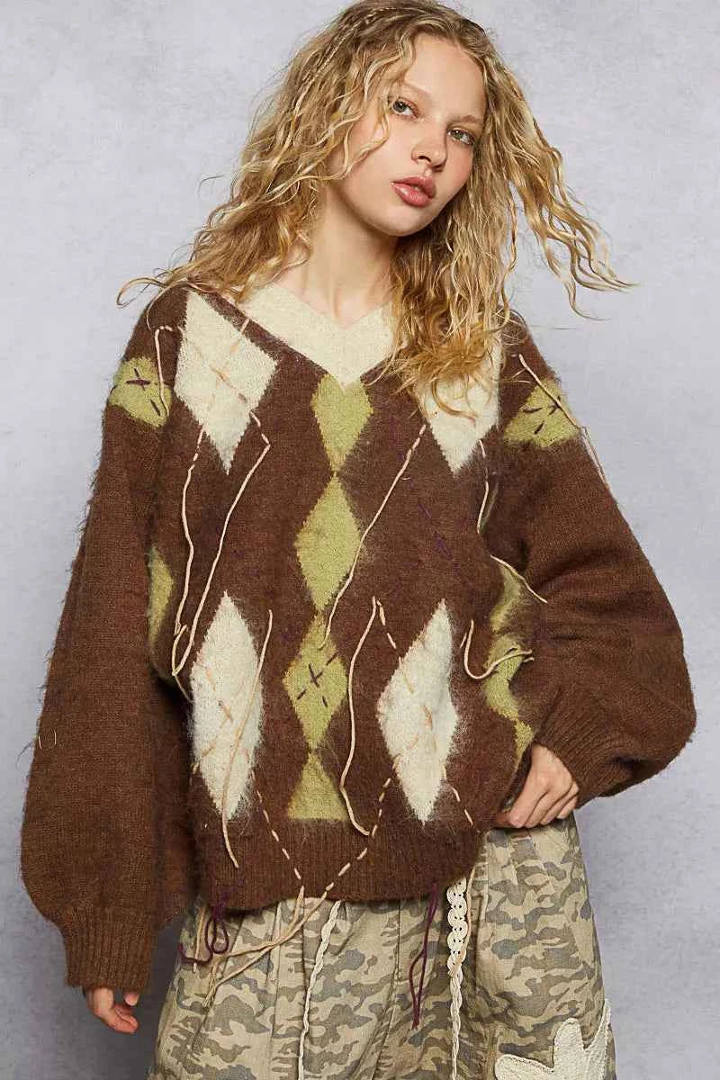 TEEK - V-Neck Argyle Pattern Mohair Contrast Exposed Stitch Sweater TOPS TEEK Trend
