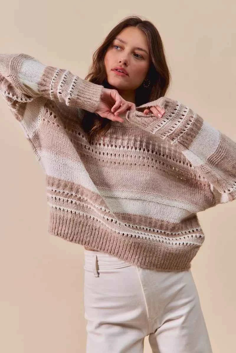 TEEK - Variegated Stripe Textured Loose Fit Sweater TOPS TEEK Trend