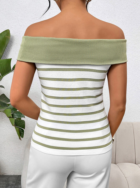 TEEK - Decor Button Striped Off-Shoulder Knit Top TOPS TEEK Trend