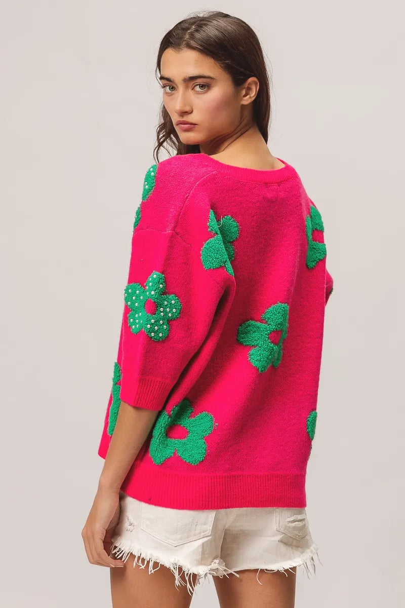 TEEK - Fuchsia Jade Pearl Beads Flowers Sweater Top TOPS TEEK Trend