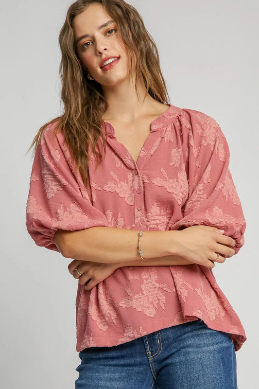 TEEK - Dusty Pink Notched Button Detail Half Sleeve Blouse TOPS TEEK Trend