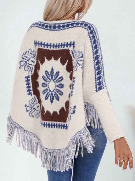 TEEK - Fringe Geometric Long Sleeve Poncho JACKET TEEK Trend