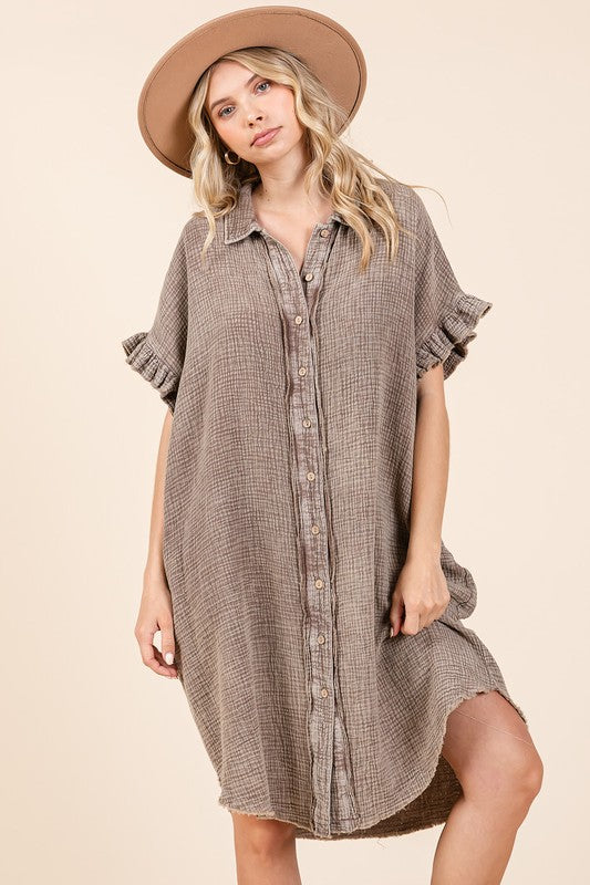 TEEK - Toffee Mineral Wash Cotton Gauze Shirt Dress DRESS TEEK Trend