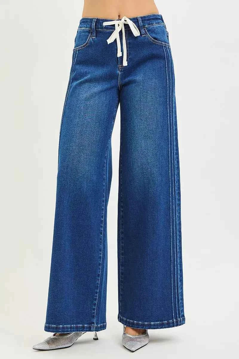 TEEK - Full Size Mid Rise Wide Side Pintuck Jeans with Front Drawstring Plus Size JEANS TEEK Trend