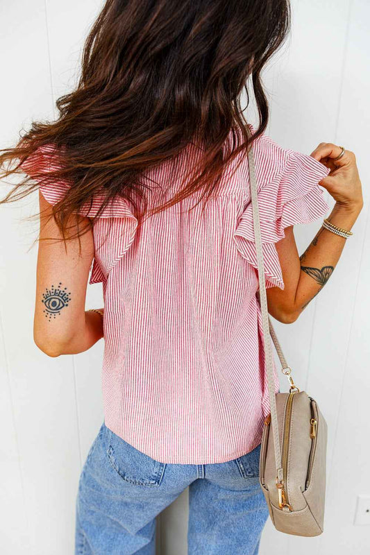 TEEK - Stripe Frilly Split Neck Double Ruffled Short Sleeve Blouse TOPS TEEK Trend
