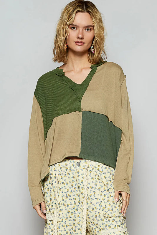 TEEK - Matcha Green Color Block Notched Long Sleeve T-Shirt TOPS TEEK Trend