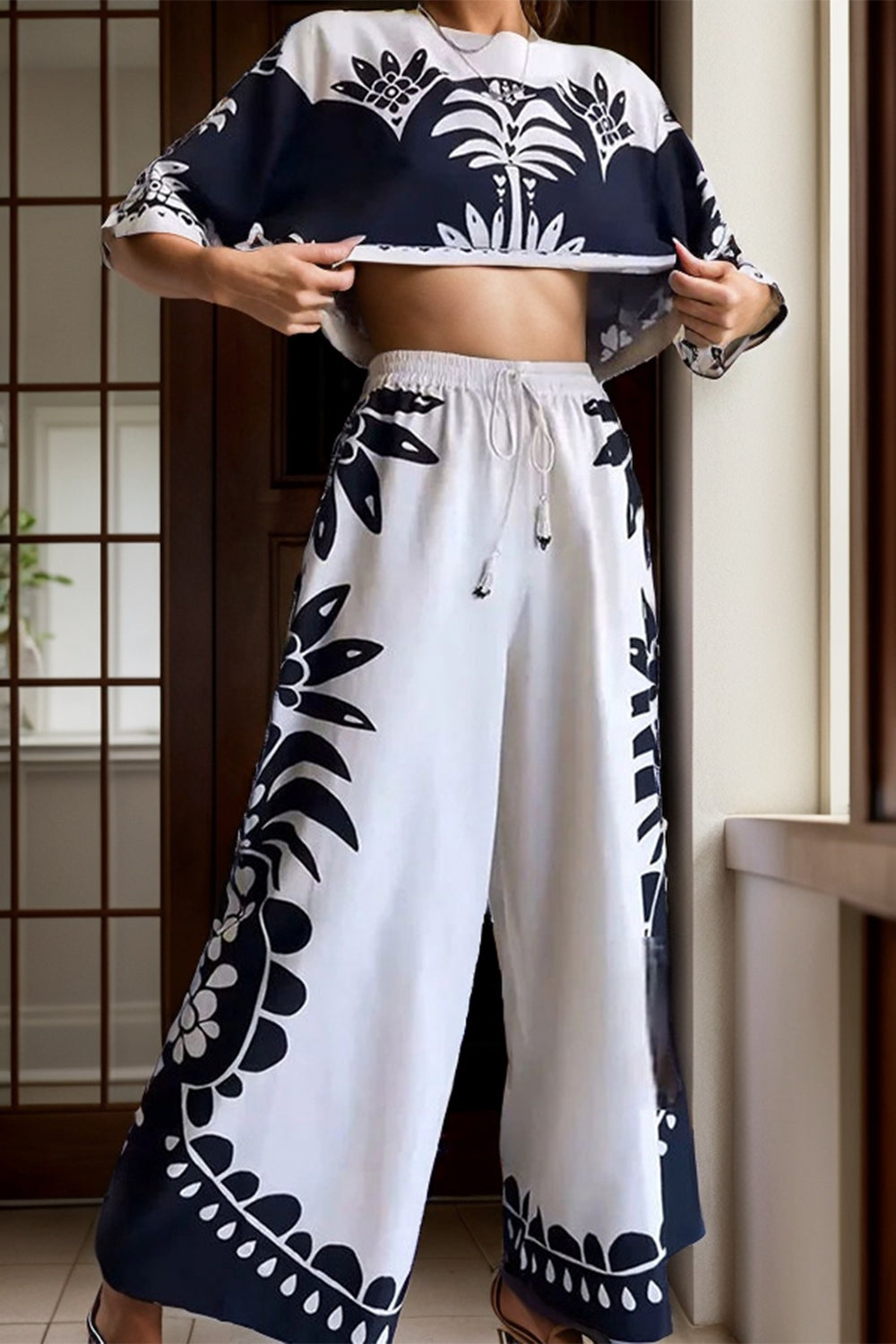 TEEK - White Printed Half Sleeve Top Wide Leg Pants Set SET TEEK Trend