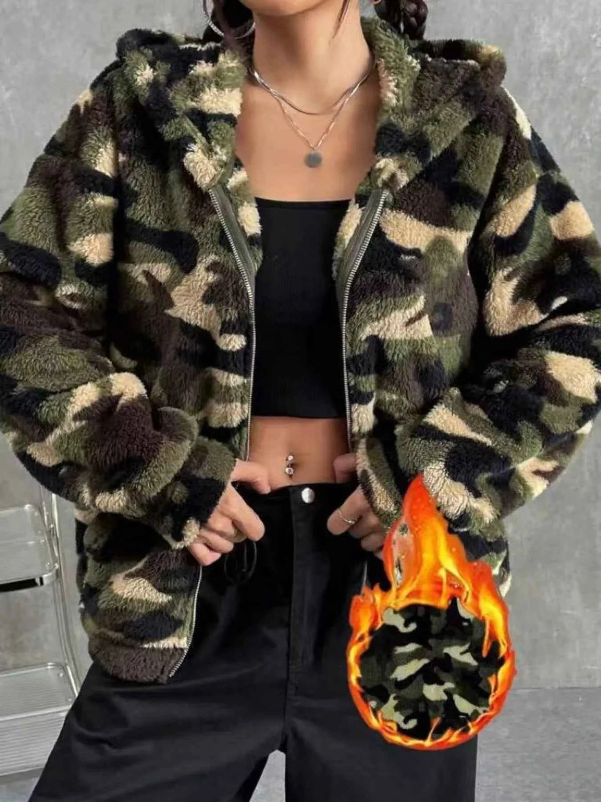 TEEK - Camo Print Fuzzy Zip Up Outerwear JACKET TEEK Trend