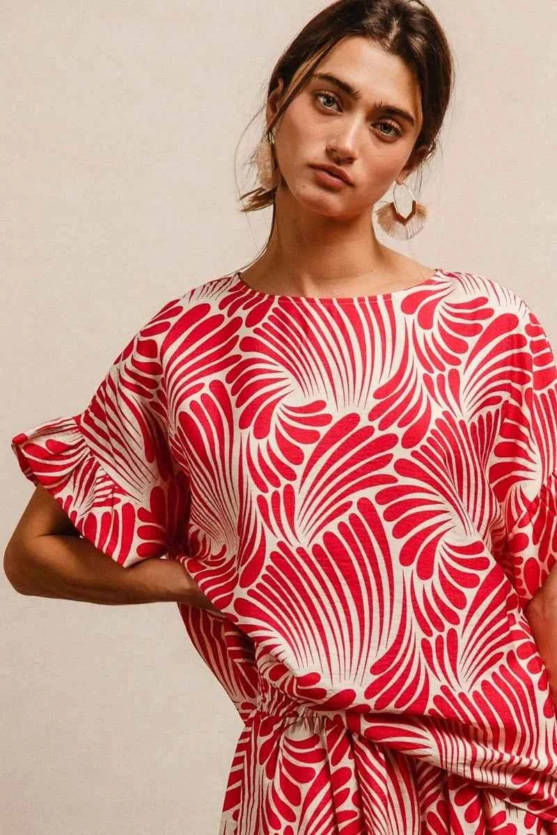 TEEK - Print Woven Ruffled Sleeves Top TOPS TEEK Trend