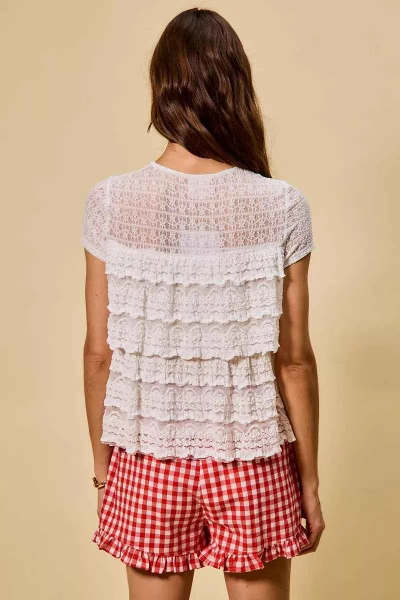 TEEK - Ruffle Tiered Stretch Lace Short Sleeves Knit Top TOPS TEEK Trend