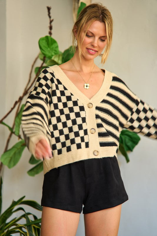 TEEK - Contrast Checkered Stripe Sweater Cardigan SWEATER TEEK FG   