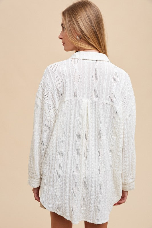 TEEK - Ivory Openwork Button Down Drop Shoulder Shirt TOPS TEEK Trend