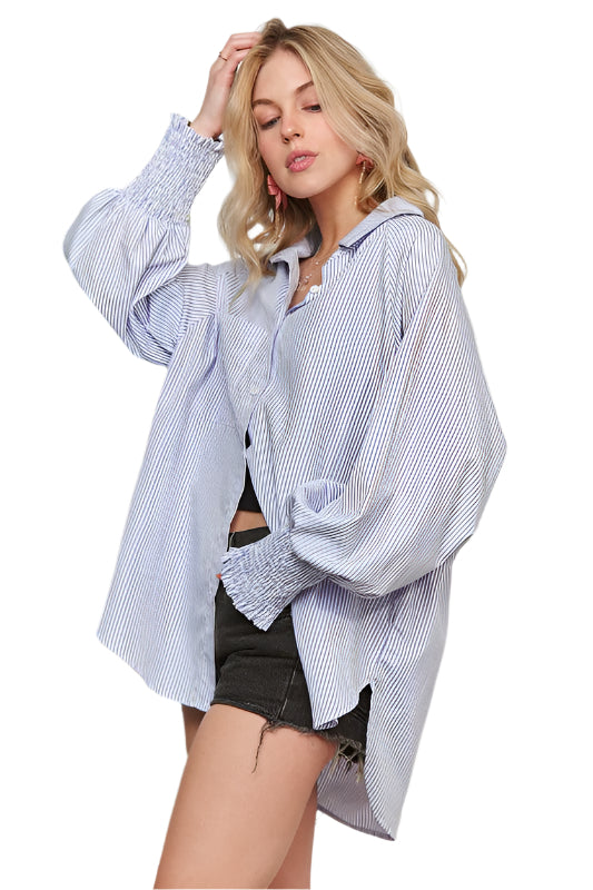 TEEK - Chambray High-Low Striped Button Down Smocked Lantern Sleeve Shirt TOPS TEEK Trend