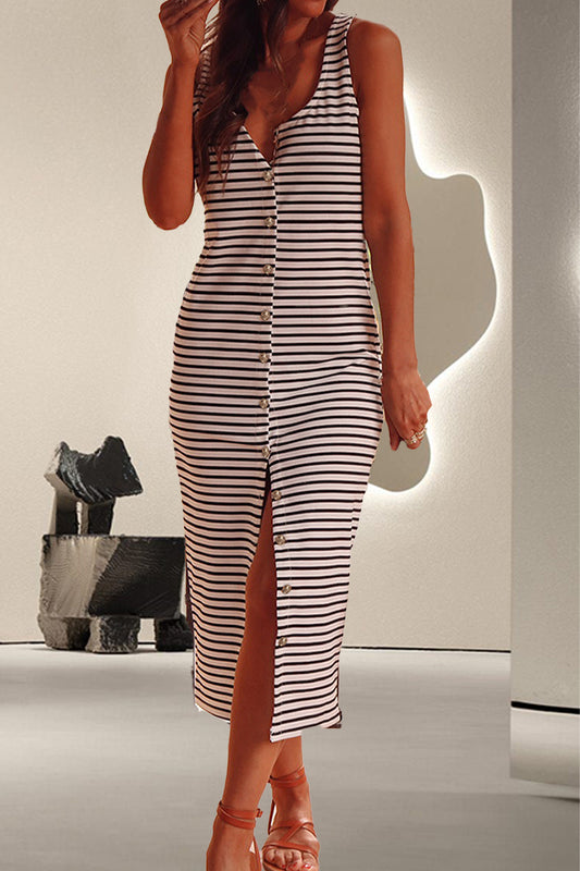 TEEK - Retro Striped Wide Strap Midi Dress