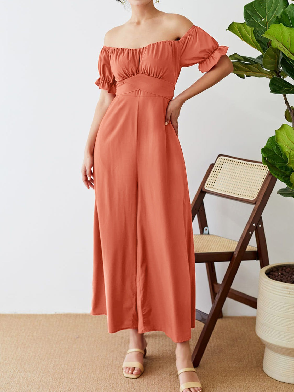 TEEK - Coral Off-Shoulder Short Sleeve Wide Leg Jumpsuit JUMPSUIT TEEK Trend