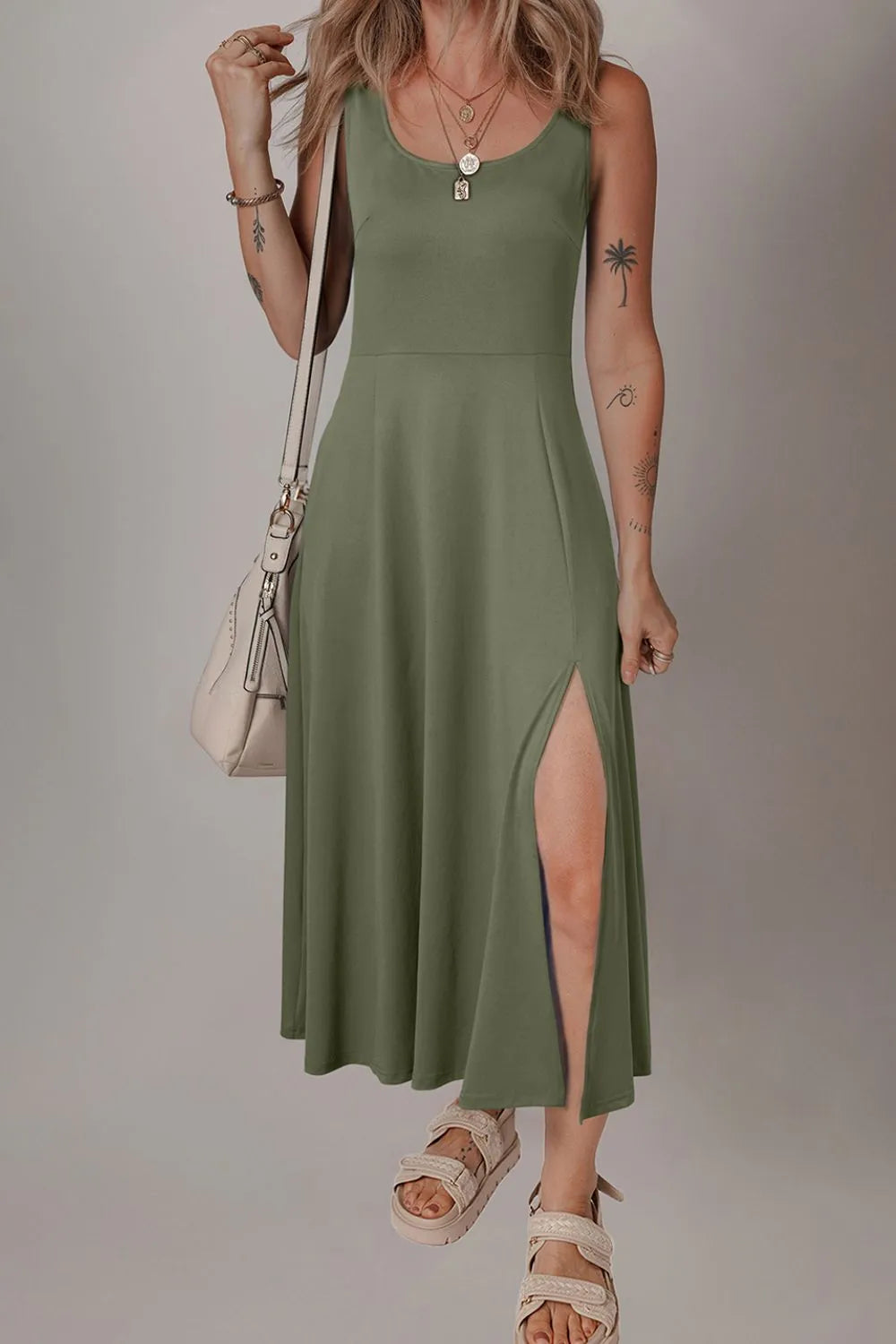 TEEK - Side Slit Scoop Neck Wide Strap Dress DRESS TEEK Trend Sage S