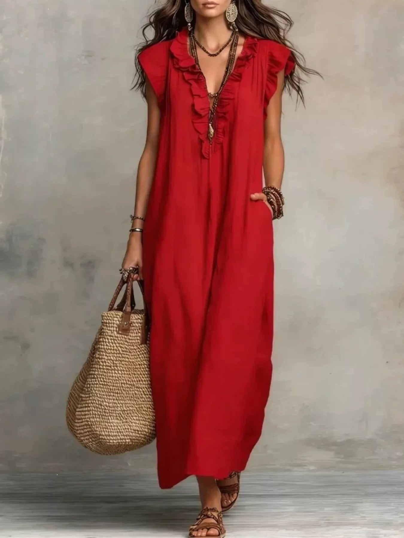TEEK - Ruffled V-Neck Cap Sleeve Maxi Dress DRESS TEEK Trend Red S