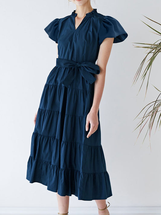 TEEK - Dark Blue Ruched Tiered Notched Short Sleeve Dress DRESS TEEK Trend