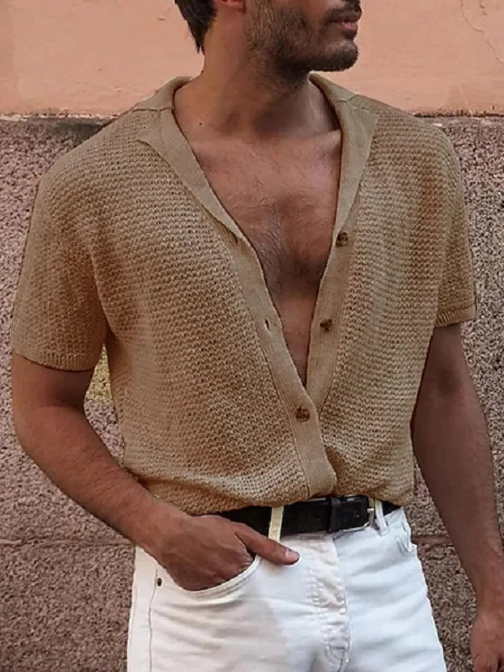 TEEK - Mens Button Down Short Sleeve Shirt TOPS TEEK Trend Taupe S