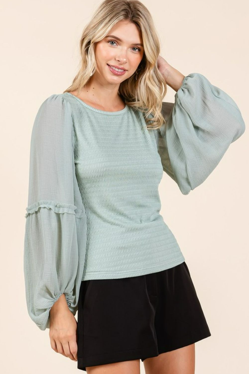 TEEK - Sage Mixed Media Textured Long Sleeve Top TOPS TEEK Trend