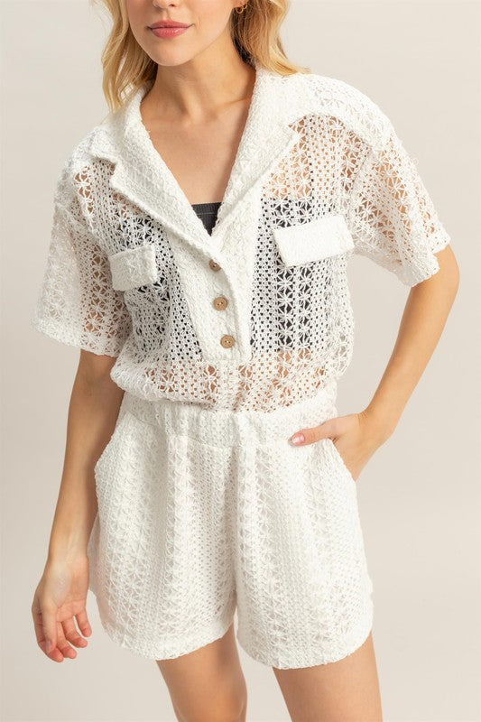 TEEK - White Crochet Button Front Short Sleeve Romper JUMPSUIT TEEK Trend