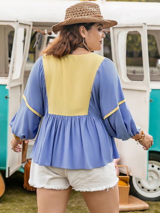 TEEK - Plus Size Light Blue Ruched Tie Neck Balloon Sleeve Blouse TOPS TEEK Trend