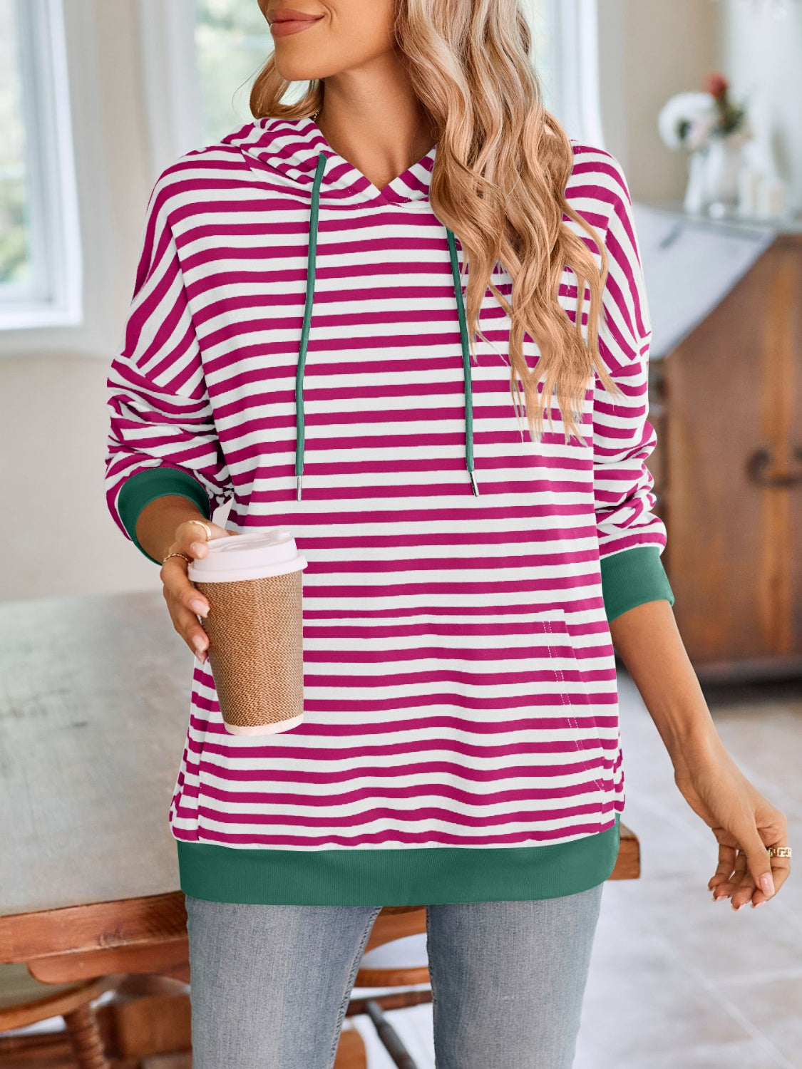 TEEK - Lovelet Drawstring Striped Long Sleeve Hoodie TOPS TEEK Trend