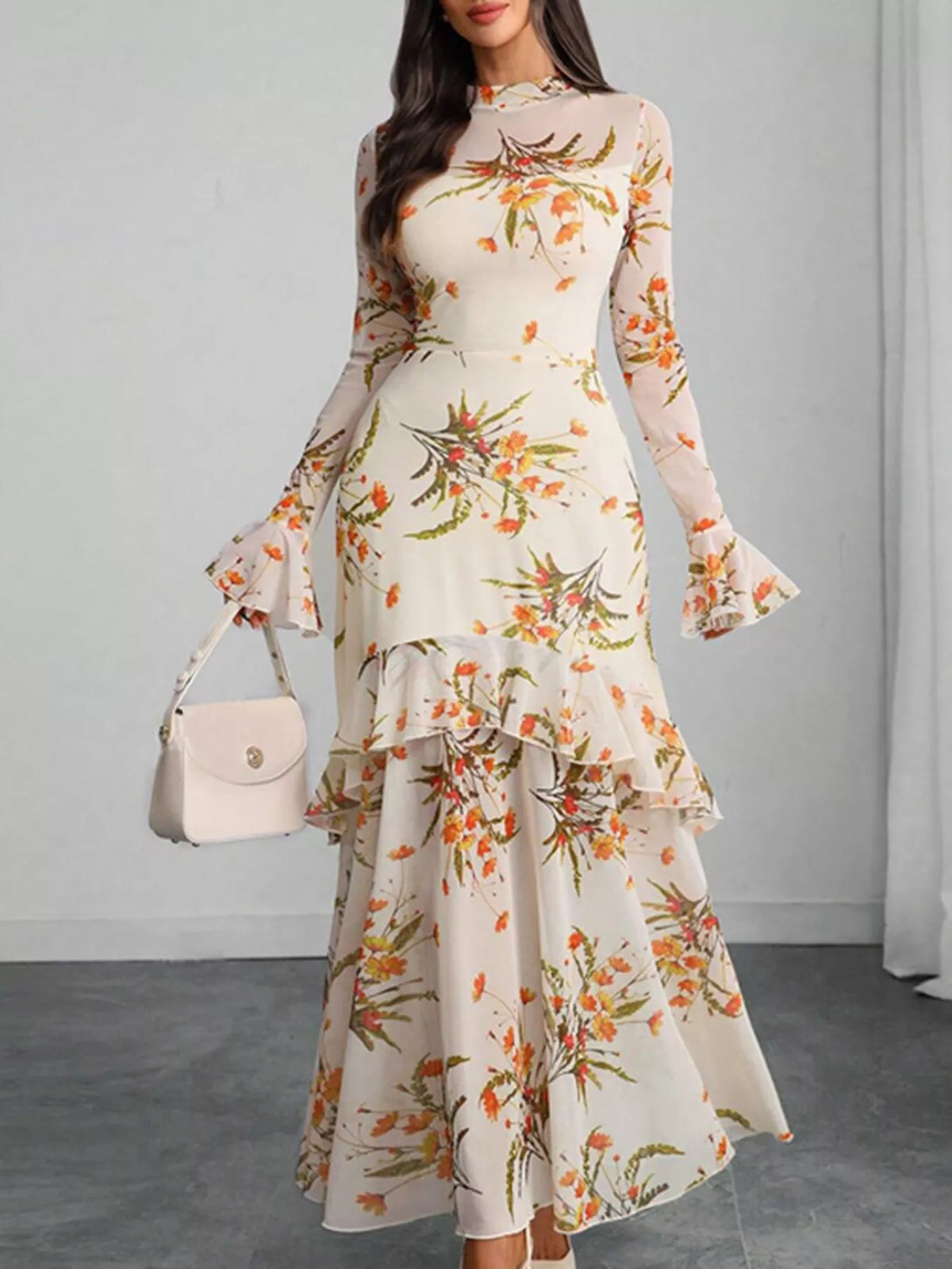 TEEK - Floral Print Flounce Sleeve Mermaid Maxi Dress DRESS TEEK Trend Off White S