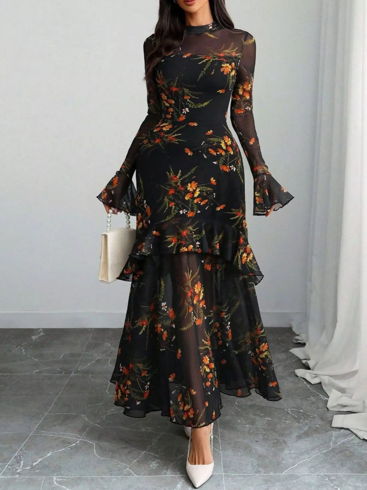 TEEK - Floral Print Flounce Sleeve Mermaid Maxi Dress DRESS TEEK Trend