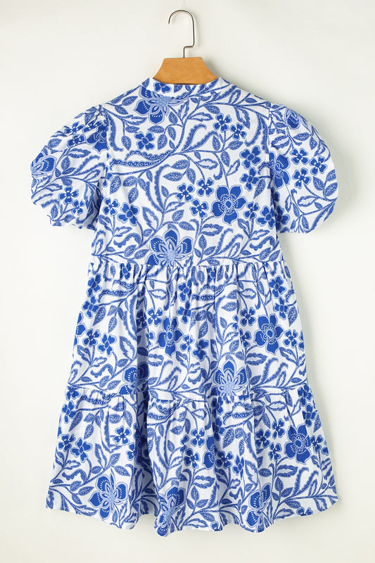 TEEK - Royal Blue Printed Notched Puff Sleeve Dress DRESS TEEK Trend