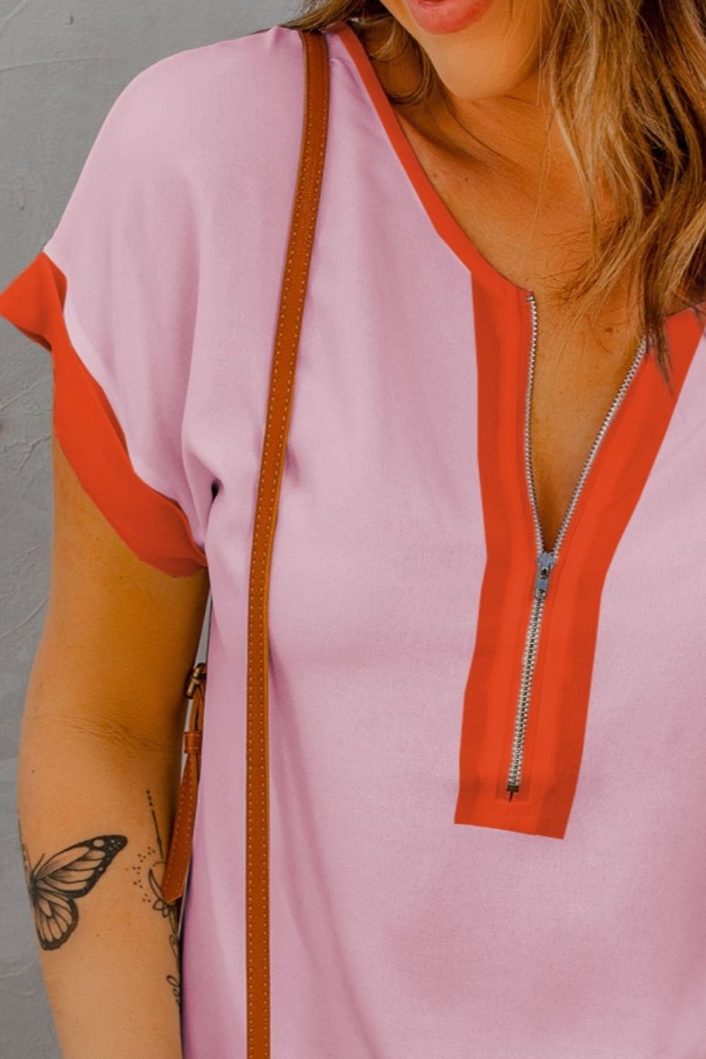 TEEK - Blush Pink Contrast Half Zip Short Sleeve Top TOPS TEEK Trend