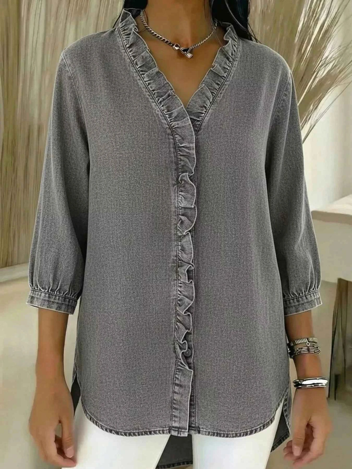 TEEK - Full Size V-Neck Ruffled Button Down Shirt Plus Size TOPS TEEK Trend Gray S