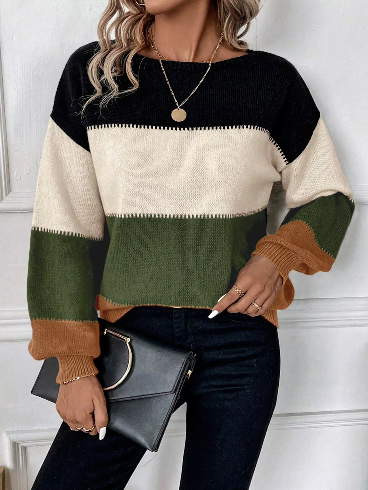 TEEK - Color Block Round Neck Knit Sweater TOPS TEEK Trend