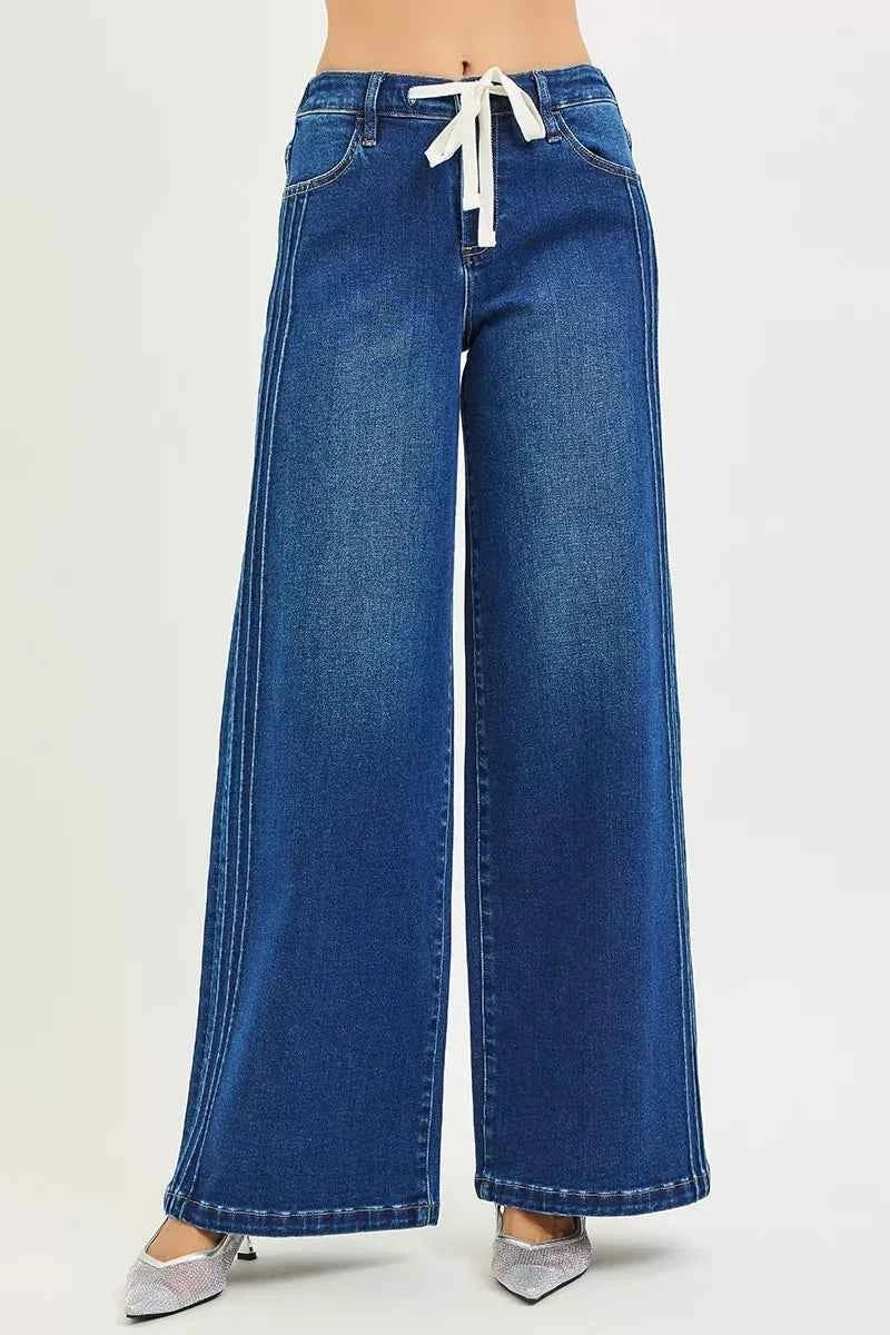 TEEK - Full Size Mid Rise Wide Side Pintuck Jeans with Front Drawstring Plus Size JEANS TEEK Trend