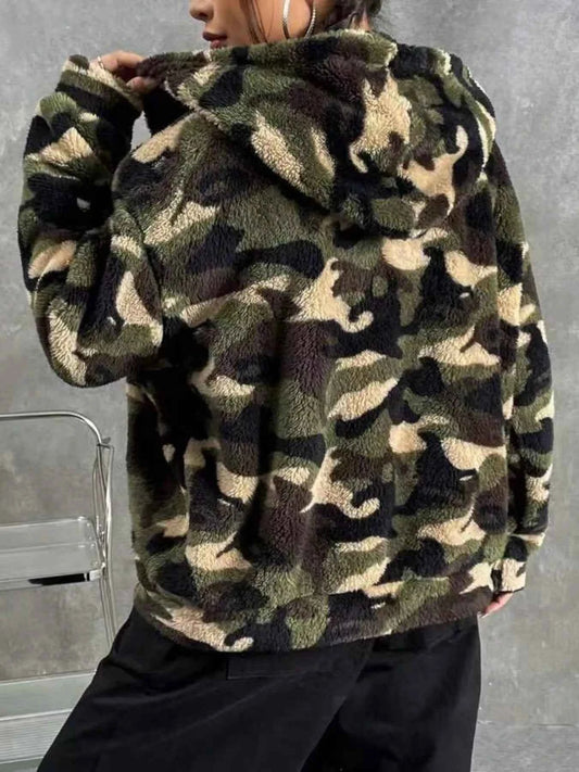 Camo Print Fuzzy Zip Up Outerwear Trendsi