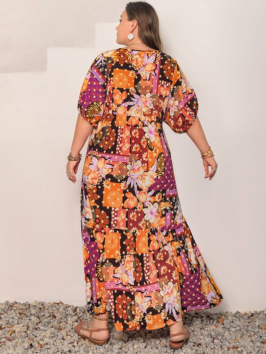 TEEK - Multicolor Plus Size Printed V-Neck Half Sleeve Maxi Dress DRESS TEEK Trend