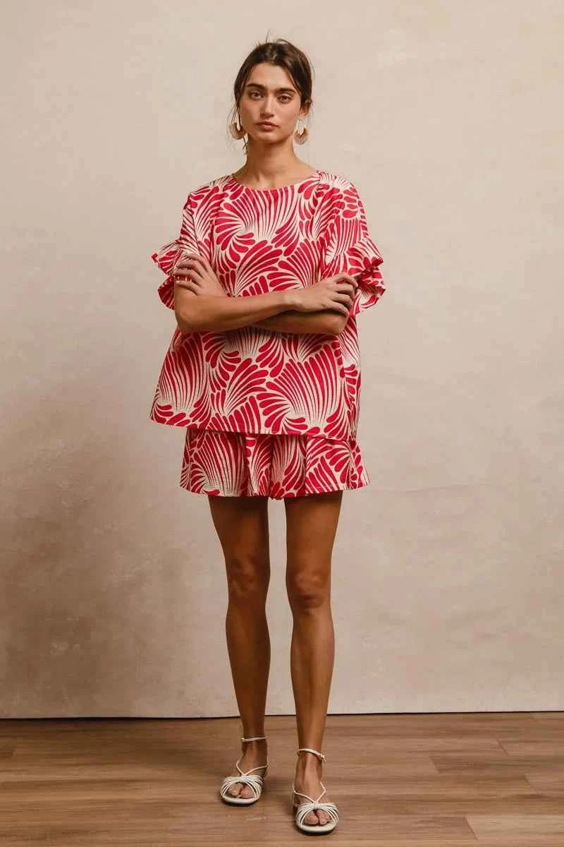 TEEK - Print Woven Ruffled Sleeves Top TOPS TEEK Trend