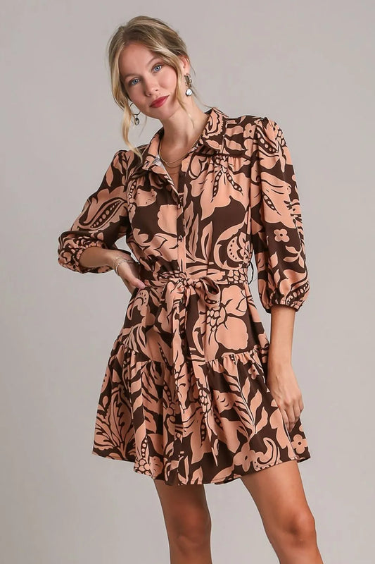 TEEK - Brown Two Tone Floral Puff Sleeve Tie Waist Dress DRESS TEEK Trend