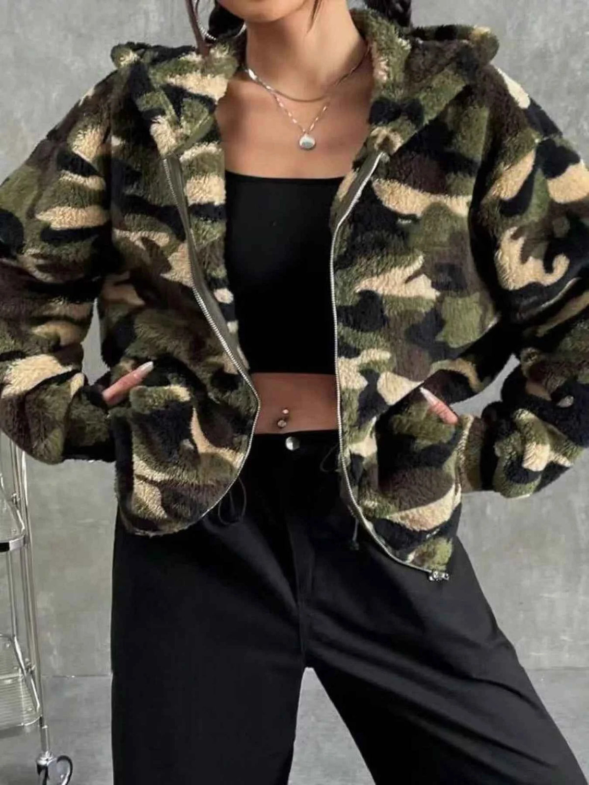 TEEK - Camo Print Fuzzy Zip Up Outerwear JACKET TEEK Trend
