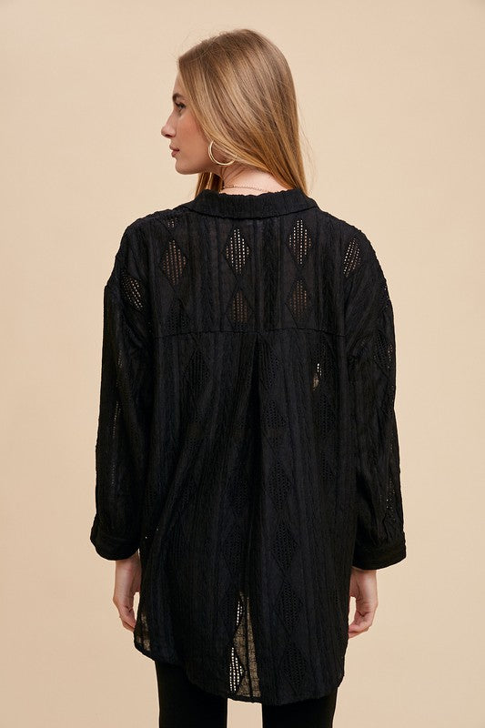TEEK - Black Openwork Button Down Drop Shoulder Shirt TEEK Trend