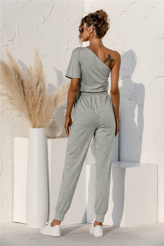 TEEK - Heather Grey Single Shoulder Short Sleeve Jumpsuit JUMPSUIT TEEK Trend