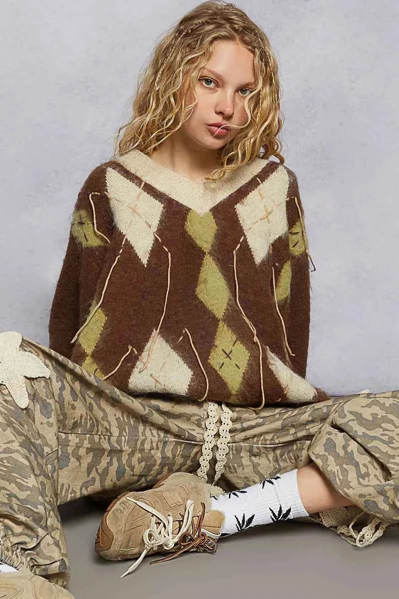 TEEK - V-Neck Argyle Pattern Mohair Contrast Exposed Stitch Sweater TOPS TEEK Trend
