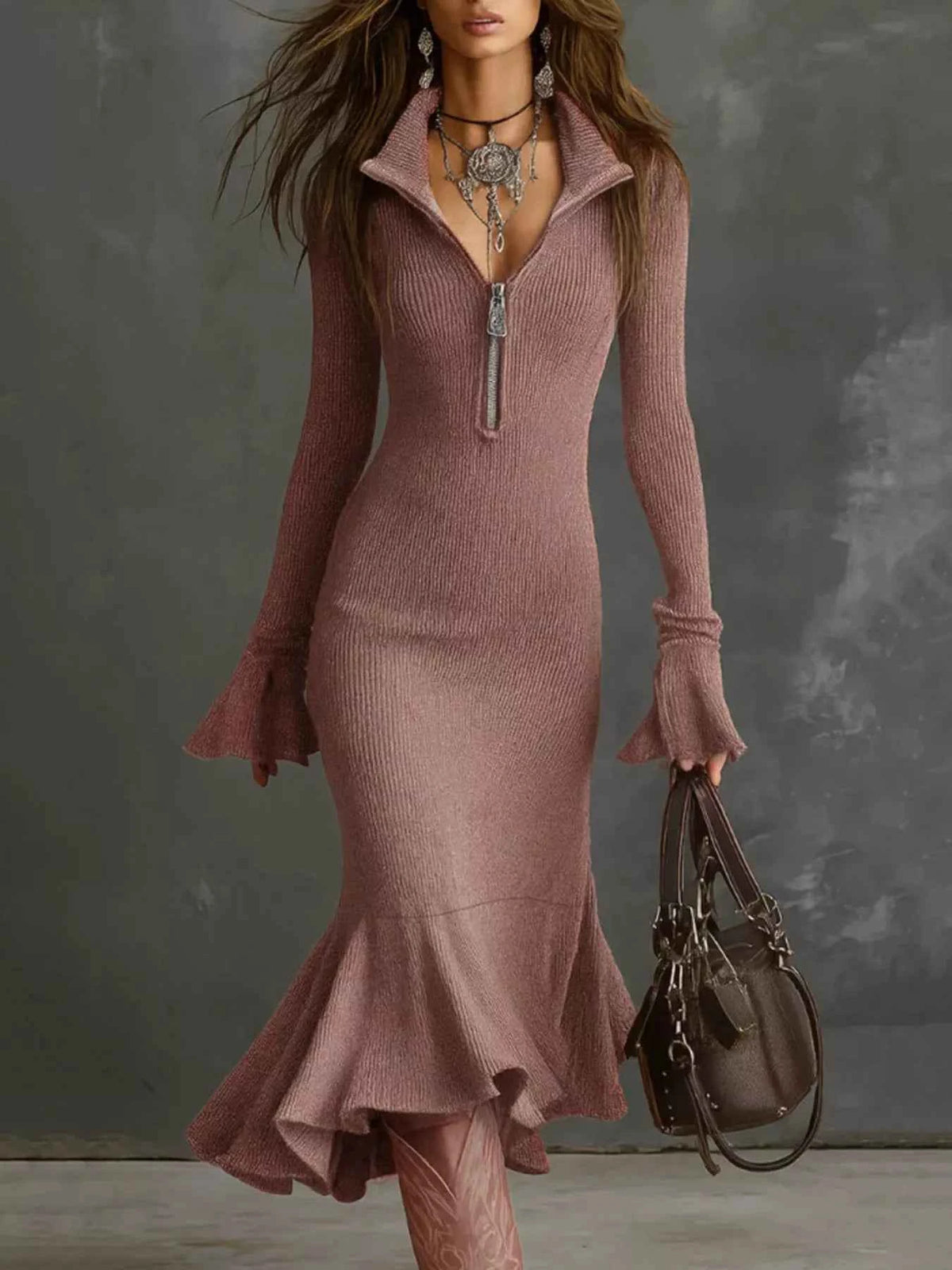 TEEK - Ribbed Knit Zip Front Flare Hem Midi Dress Trendsi Pink S