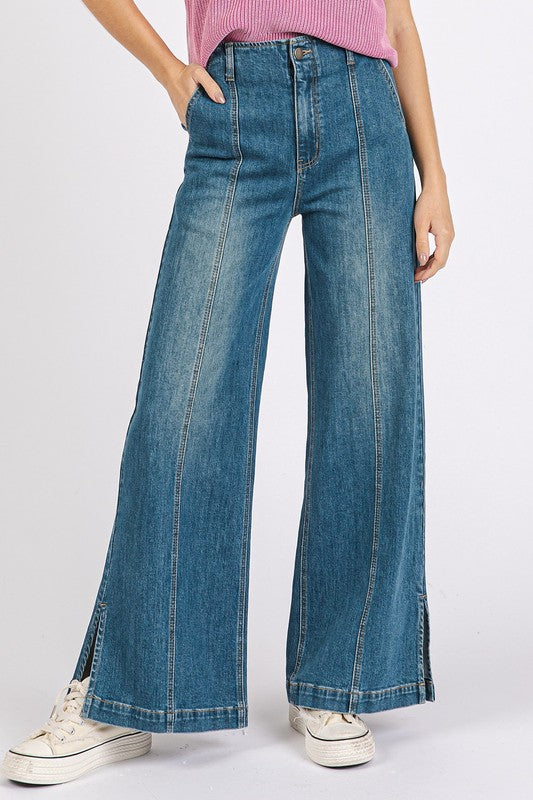 TEEK - Medium Wash Seam Detail Wide Leg Jeans JEANS TEEK Trend S