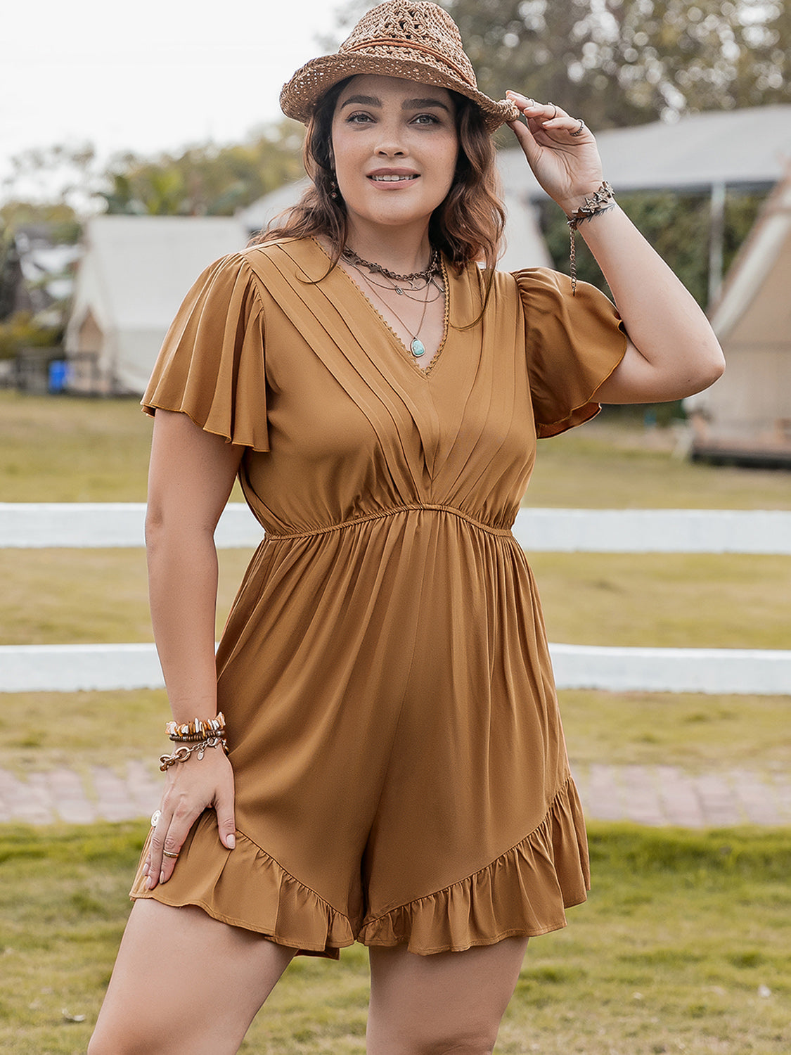TEEK - Plus Size Caramel Ruffled V-Neck Short Sleeve Romper JUMPSUIT TEEK Trend
