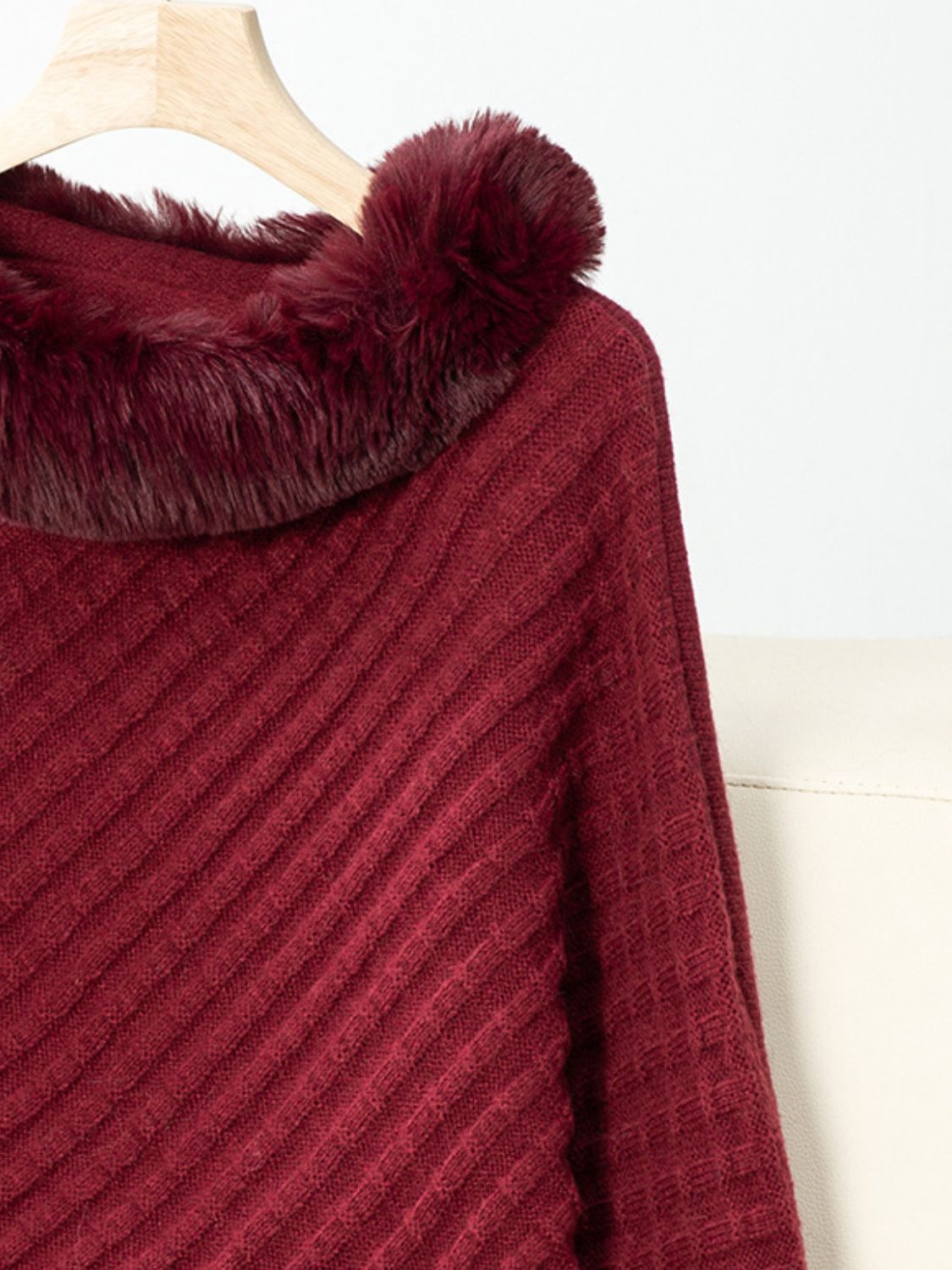 TEEK - Fuzzy Trim Texture Three-Quarter Sleeve Poncho JACKET TEEK Trend