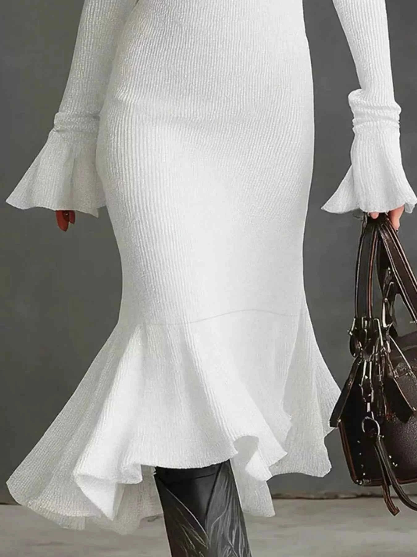 TEEK - Ribbed Knit Zip Front Flare Hem Midi Dress Trendsi